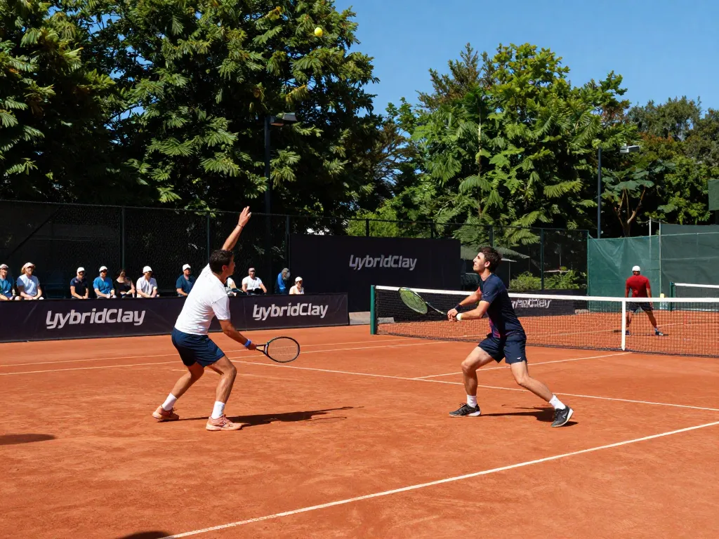 Players enjoying a match on a vibrant HybridClay tennis court under sunny skies.