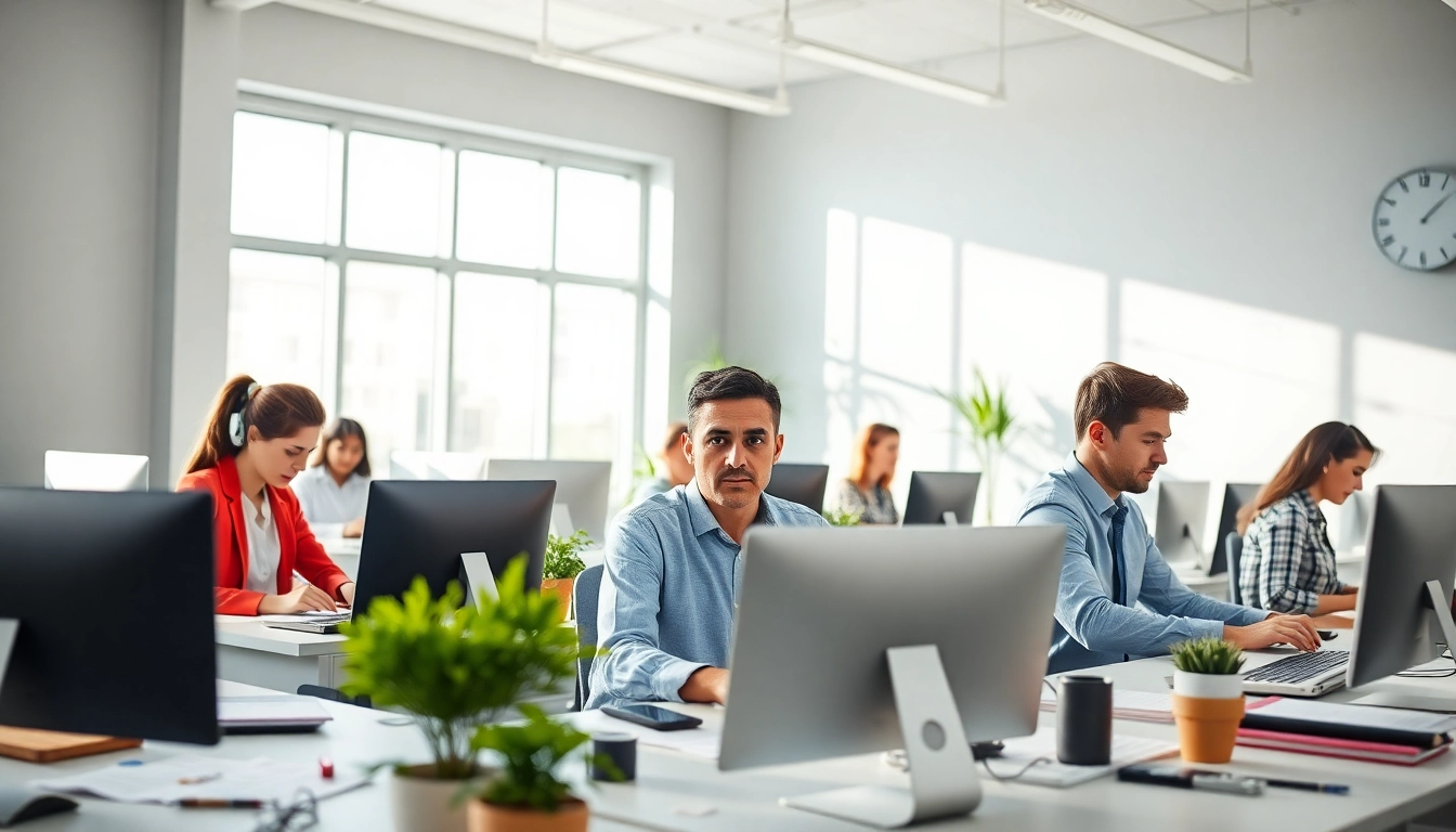 Engaged professionals at a Typing Center, collaborating in a bright, modern workspace.