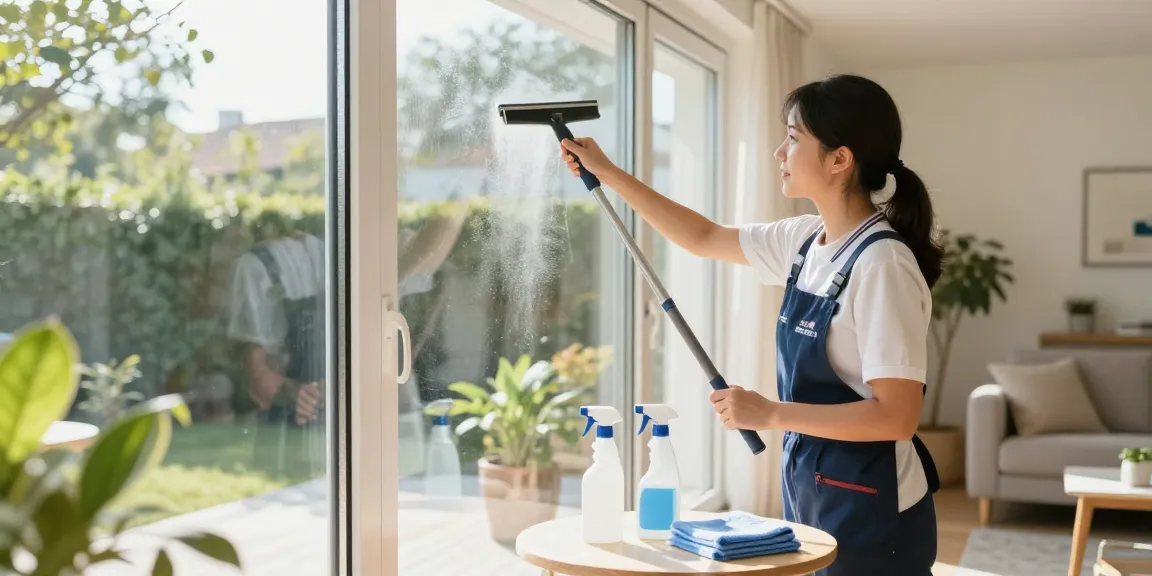Professional window cleaner demonstrates glasreinigung preis expertise in bright home environment.