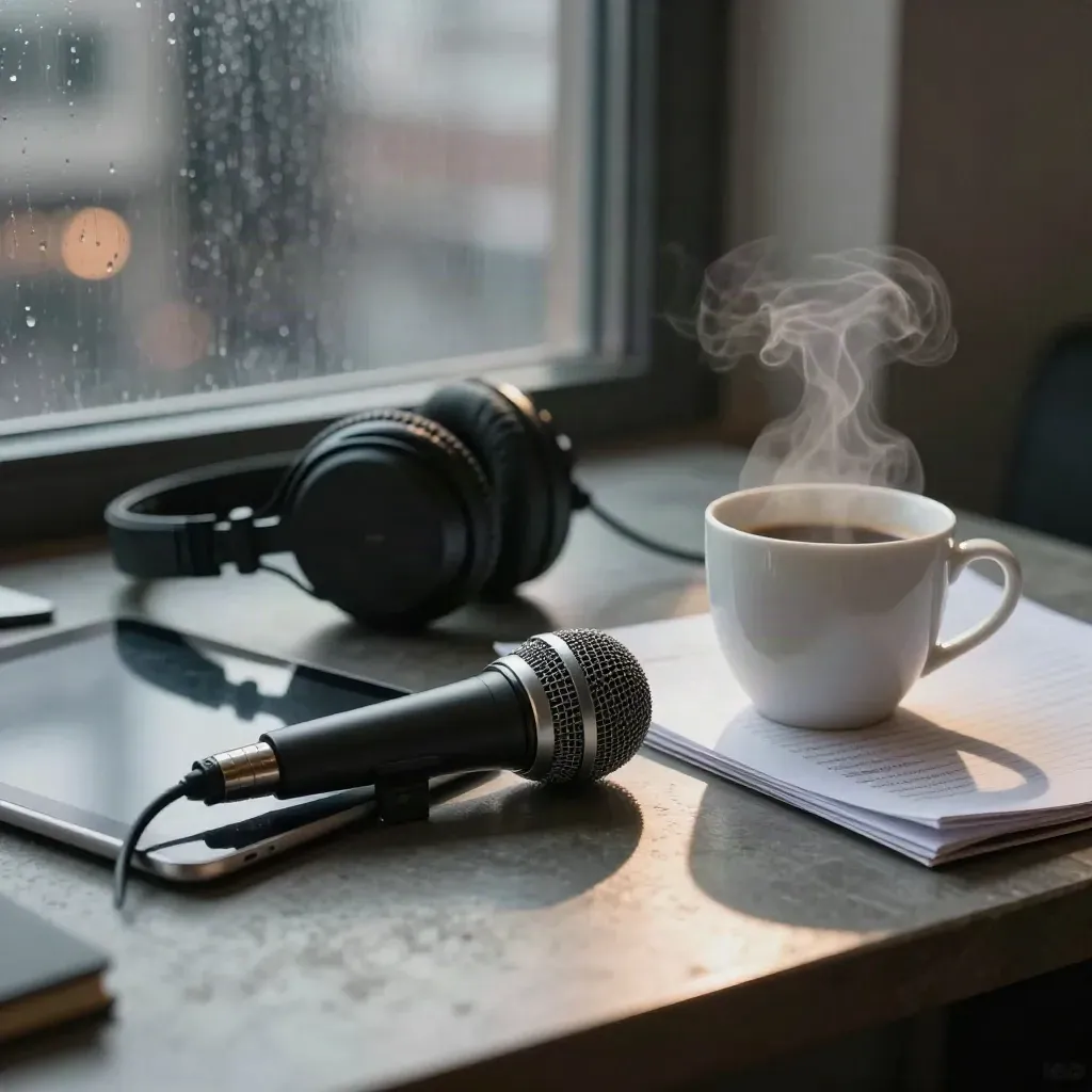 Rainy dawn newsroom still life with microphone, tablet, headphones, coffee and window glow
