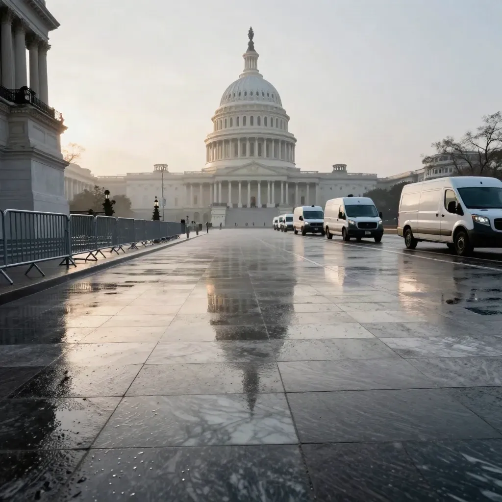 Rainy dawn at the Capitol with press vans and wet marble paving