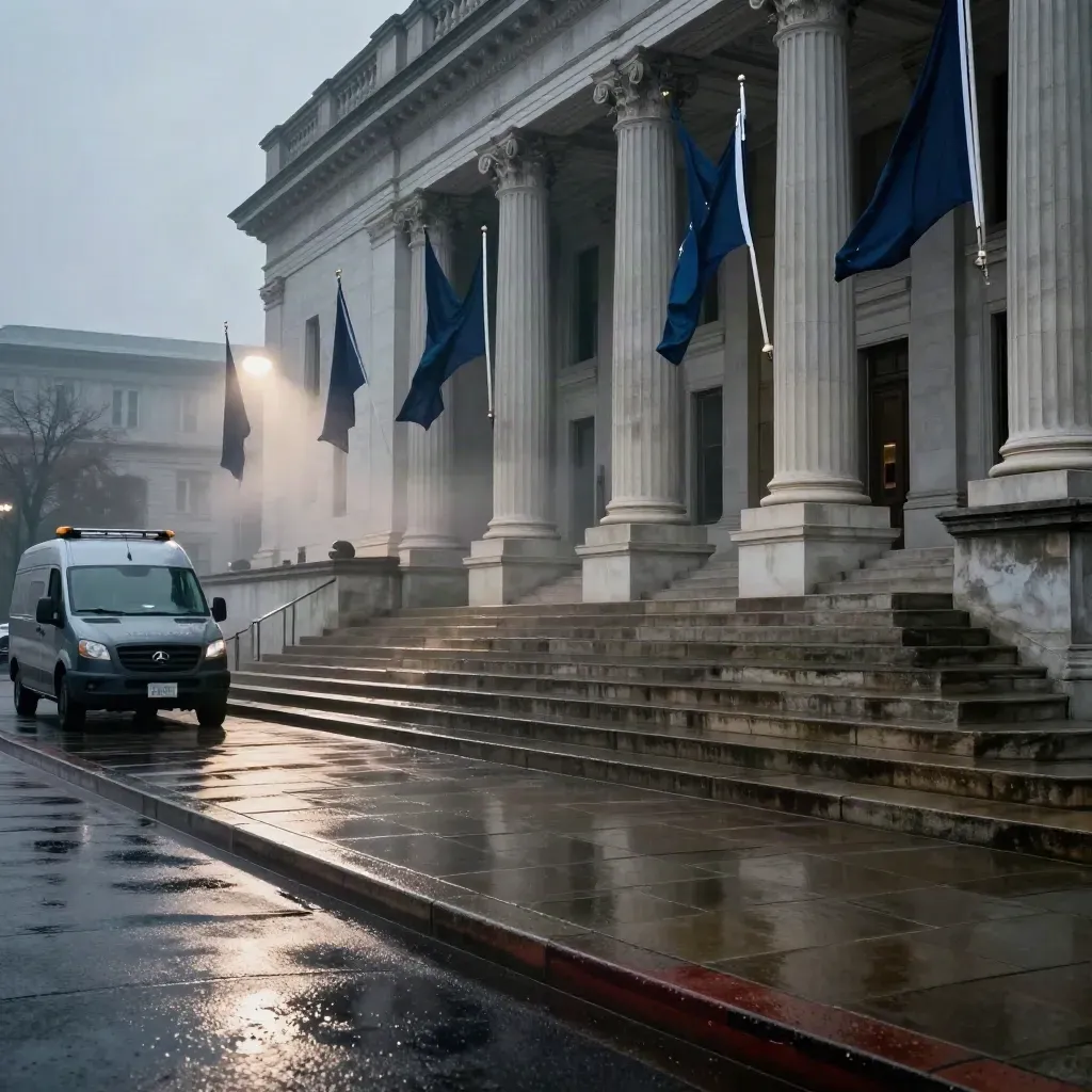 Rain-darkened capitol steps with press vans and wind-lifted flags at dawn