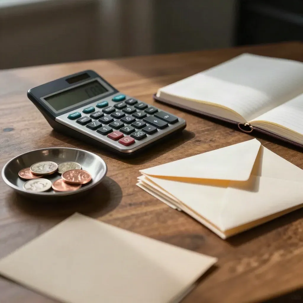 Money desk with calculator, coins, envelopes, and a folded ledger on walnut wood