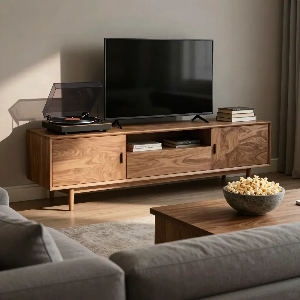 Muted living room media setup with off TV, record player, books, and popcorn on a low table.