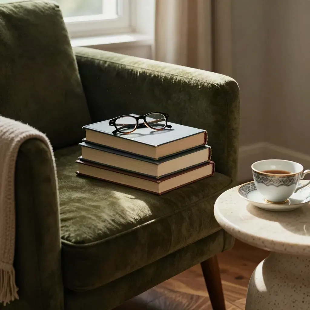 Warm reading nook with chair, books, glasses and tea cup by window light.