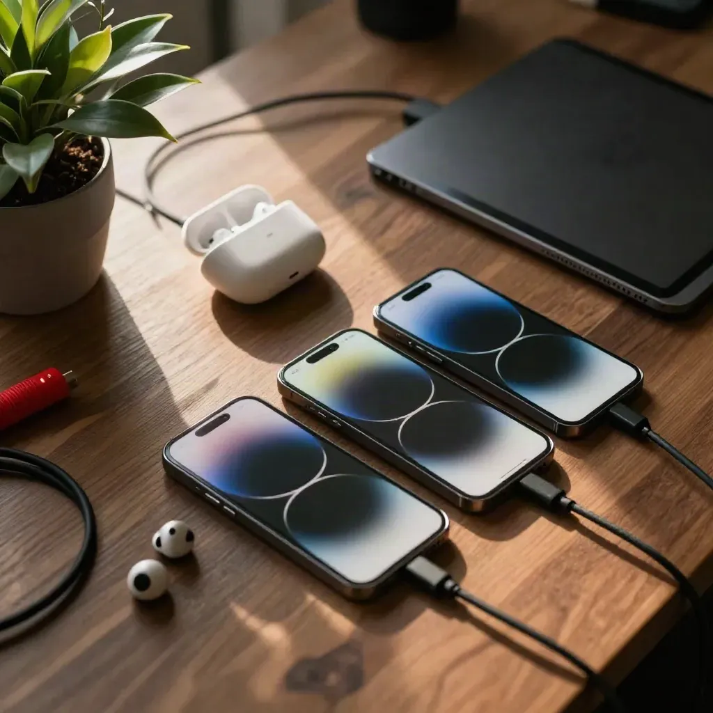 Overhead tech desk with smartphones, tablet, earbuds, cable, and small plant in warm light.