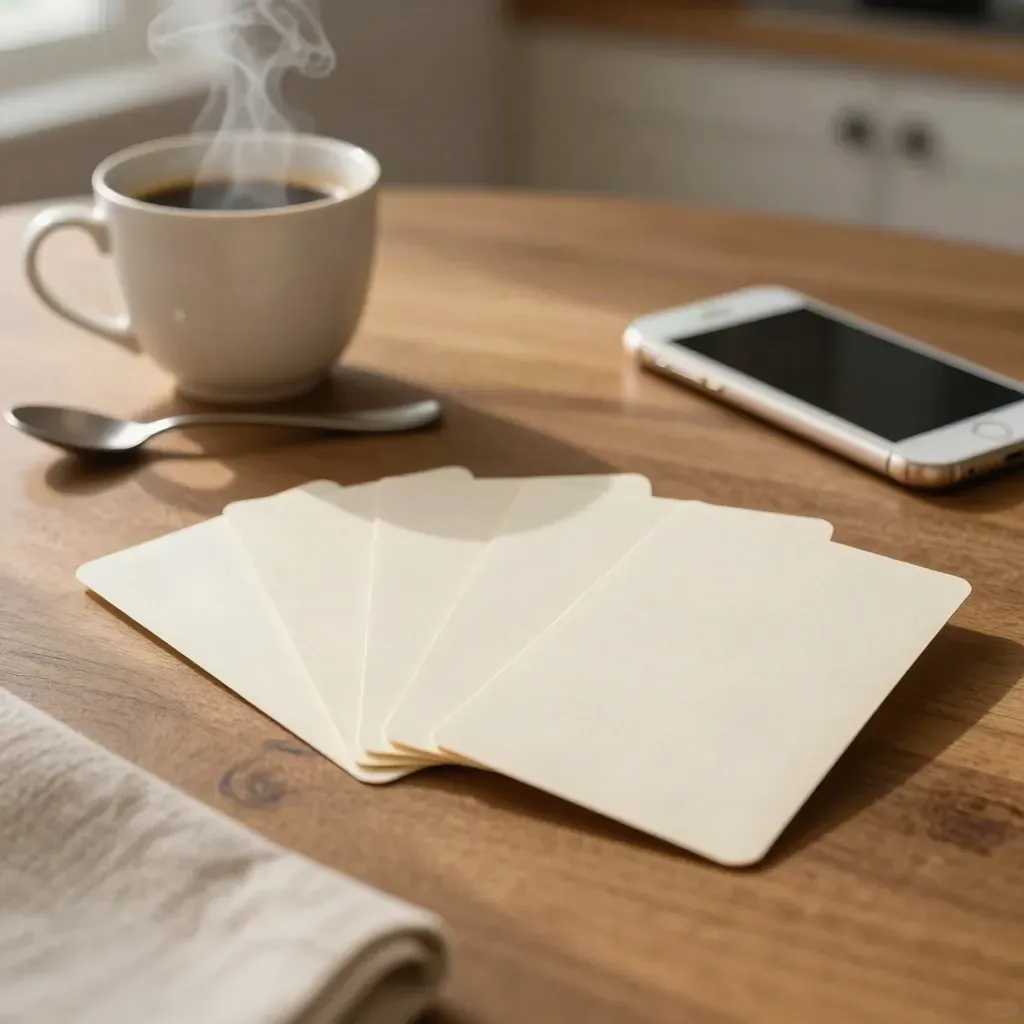 Folded briefing cards with coffee, spoon, and a face-down phone on a warm walnut table.