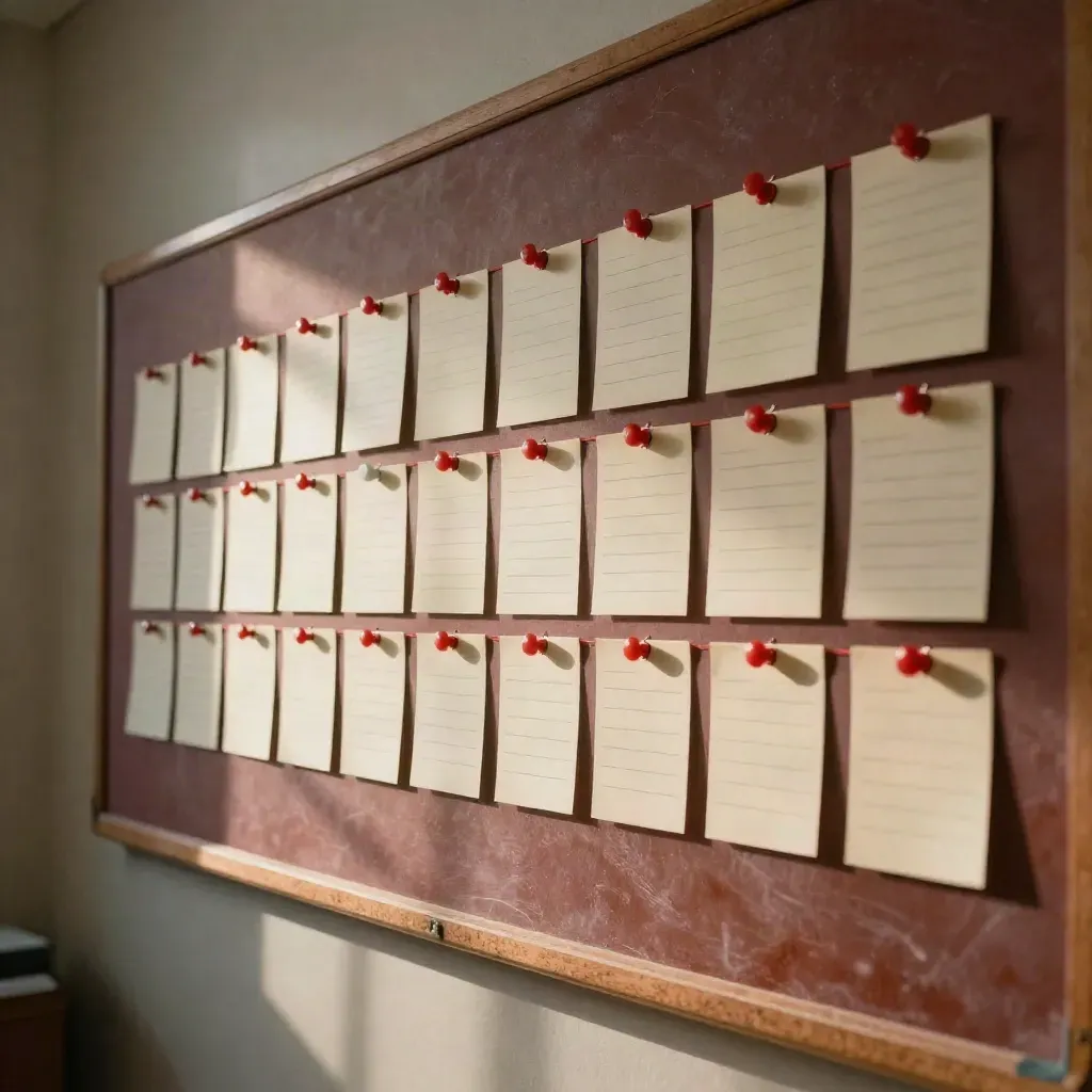 Editorial planning wall with red pushpins, cream cards, and taut red string in warm newsroom light.