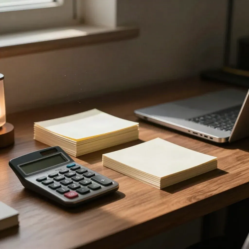Calculator, note cards, and a shut laptop on a warm reporting desk in soft late-afternoon light.