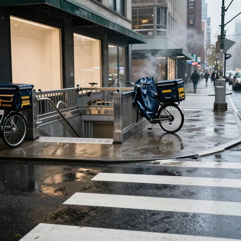 Rain-slick city block with subway stairs, delivery bikes, and glowing reflections at dawn.