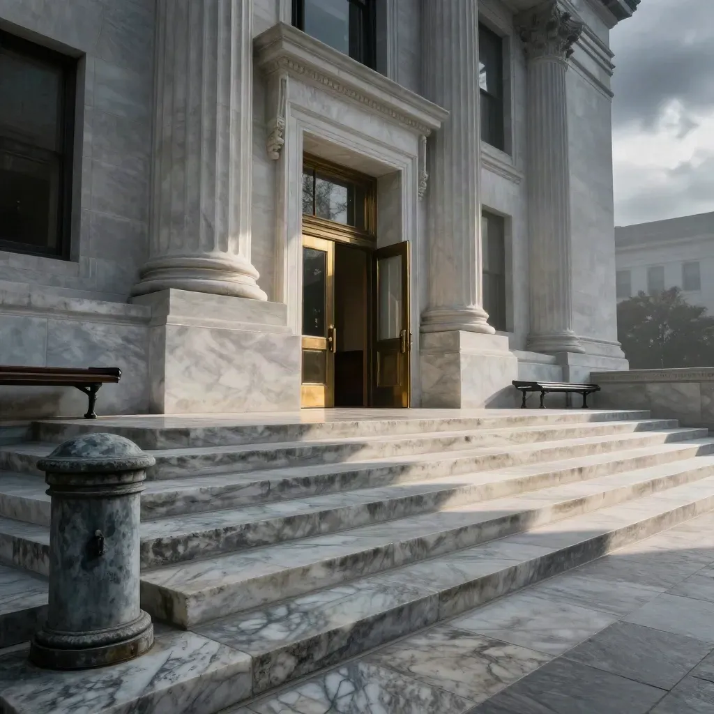 Moody courthouse façade with marble steps, bollards, and open doors under heavy clouds