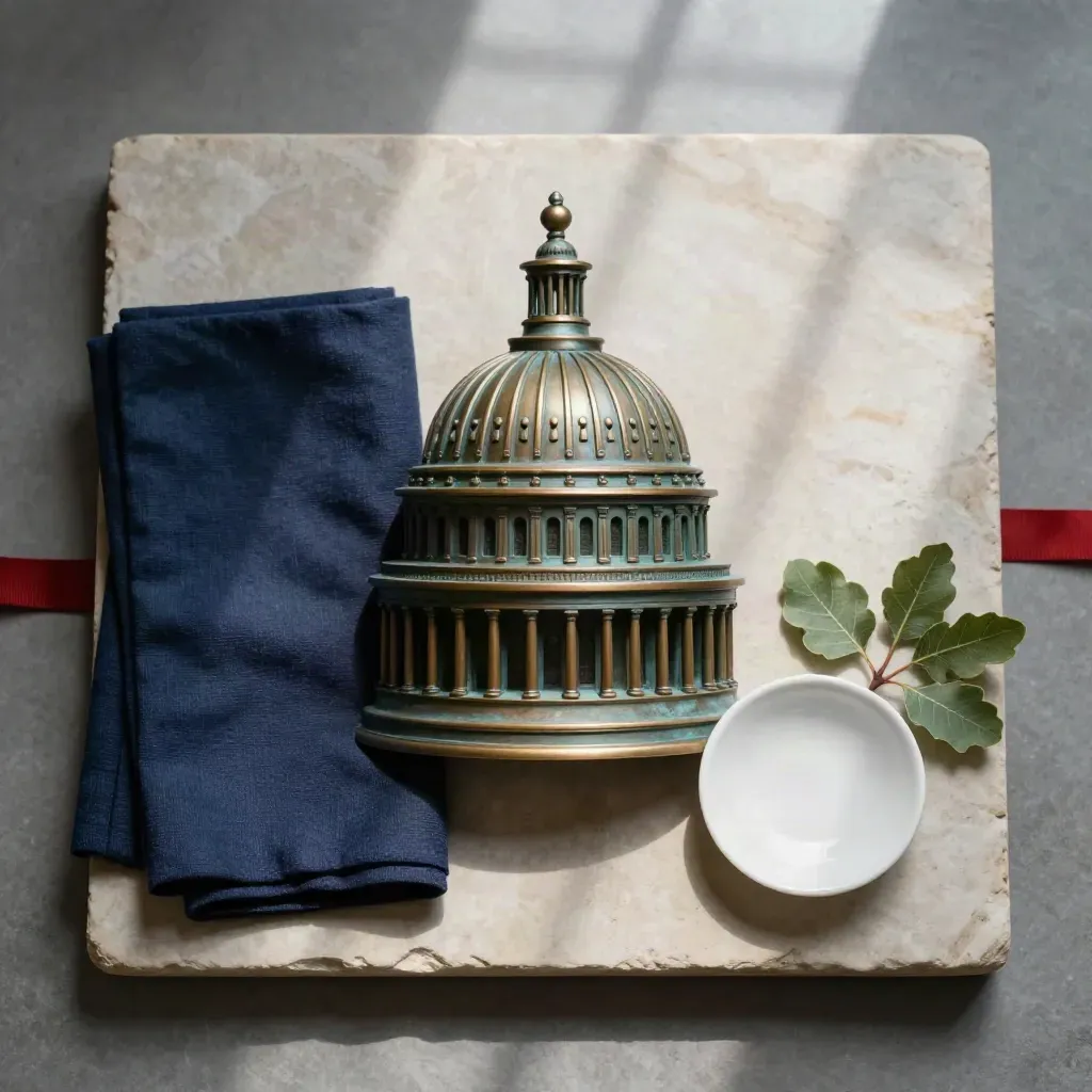 Bronze Capitol dome paperweight with navy cloth, ceramic dish, and fig branch on stone.