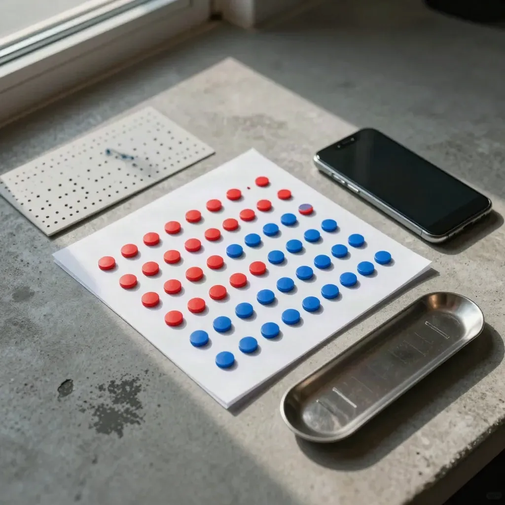 Overhead macro of red and blue tally counters, a phone, and a dotted polling board on concrete.