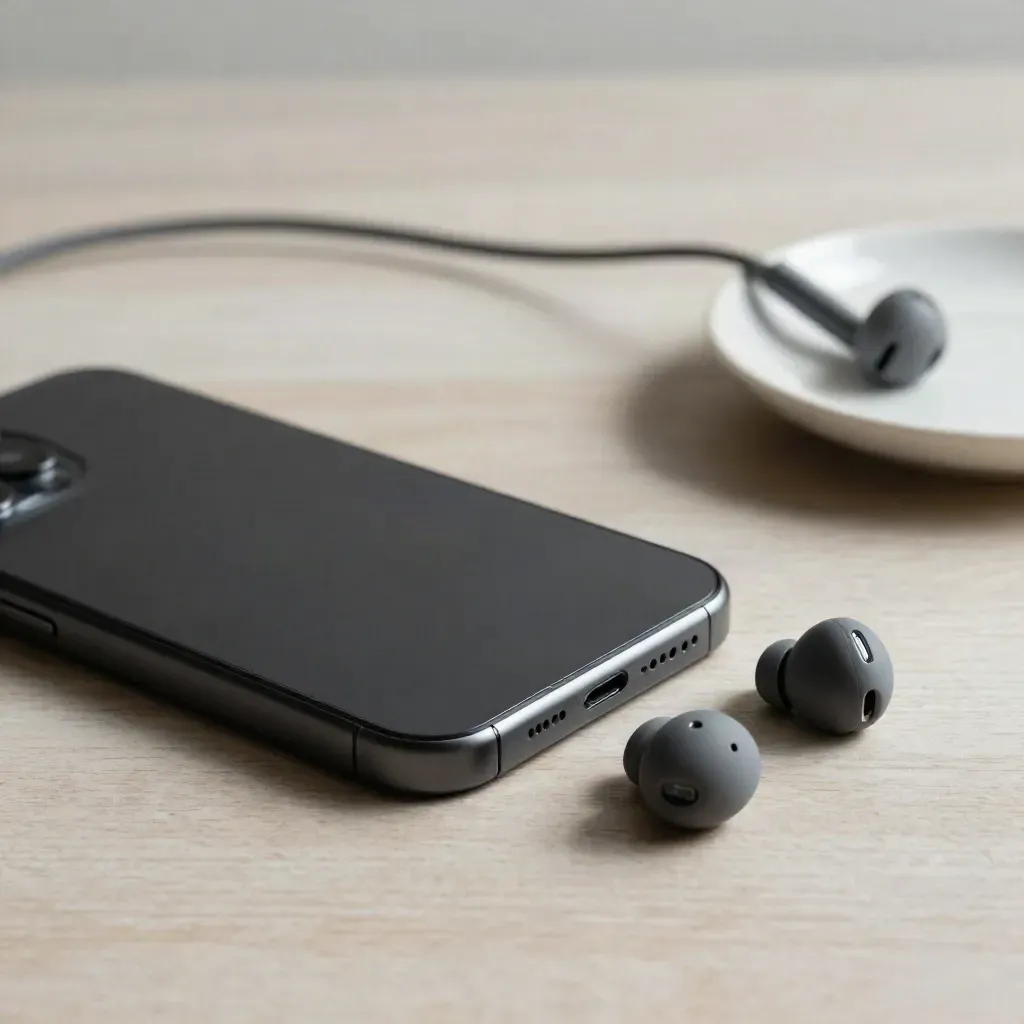 Matte black phone, earbuds, cable and ceramic dish on pale wood.