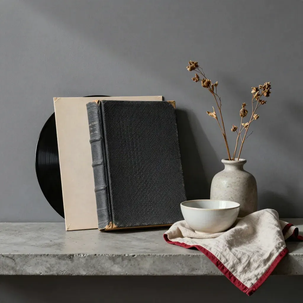 Clothbound novel, record sleeve, dried stems, bowl, and linen cloth on a concrete shelf