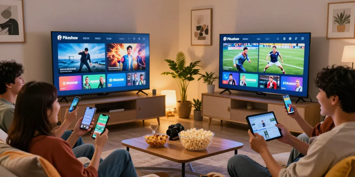 Pikashow streaming view with friends enjoying movies in a cozy living room.
