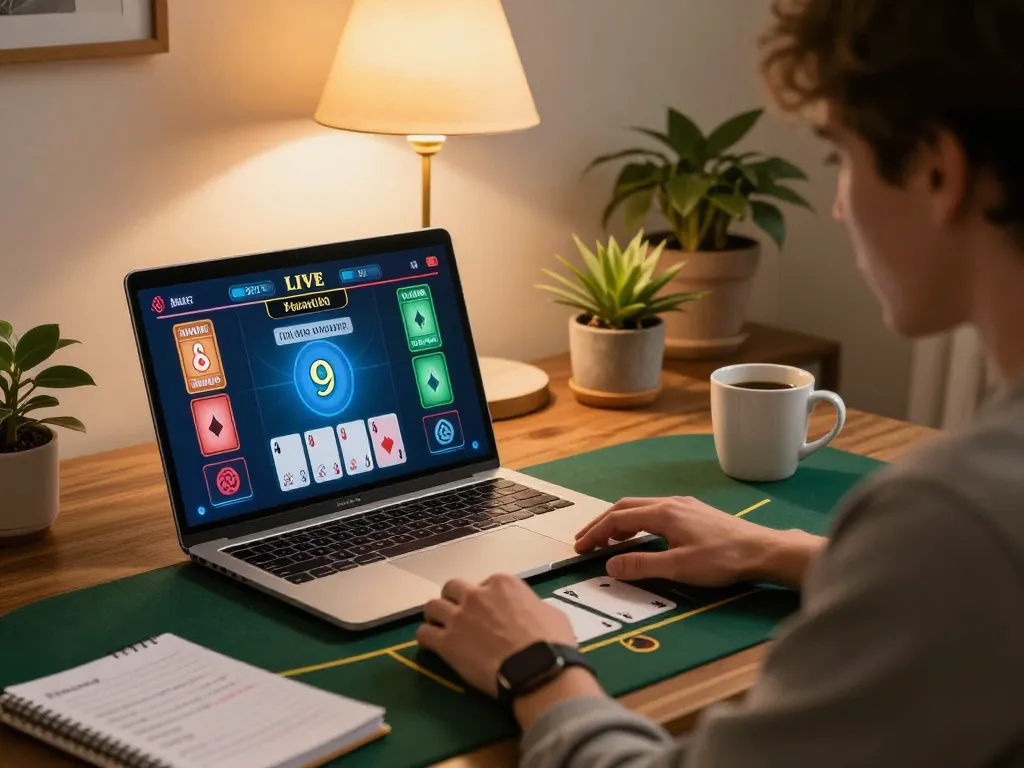 Experience thrilling live dealer games on 79sodo, showcasing strategic gameplay in a cozy home setup.