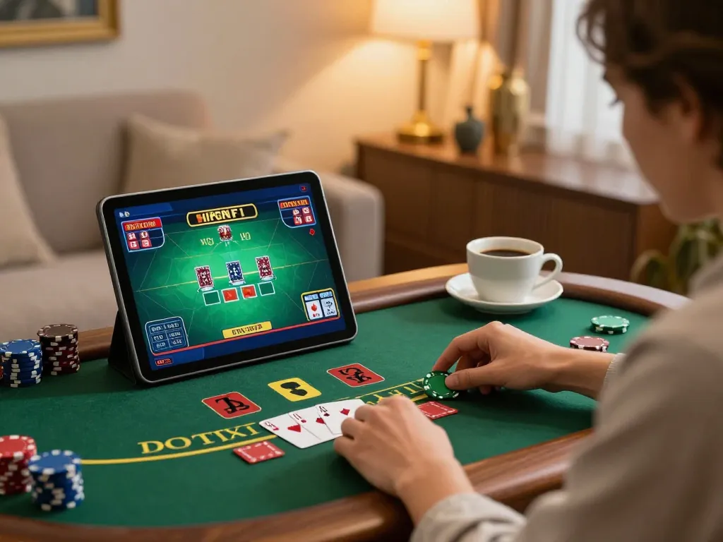 Rikvip player calculating odds during an online blackjack session in a stylish home office.