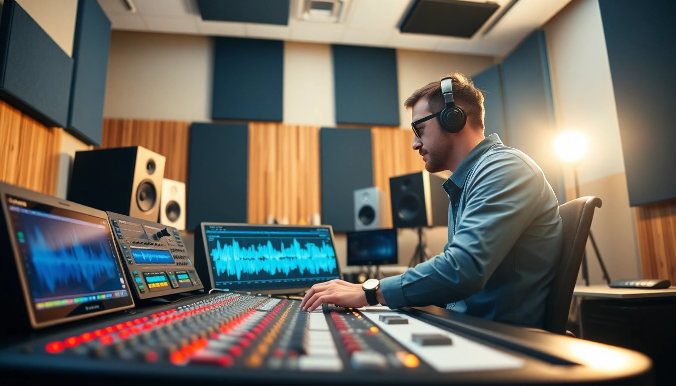 Engaging in online mastering through a professional audio studio setup featuring modern equipment and software.