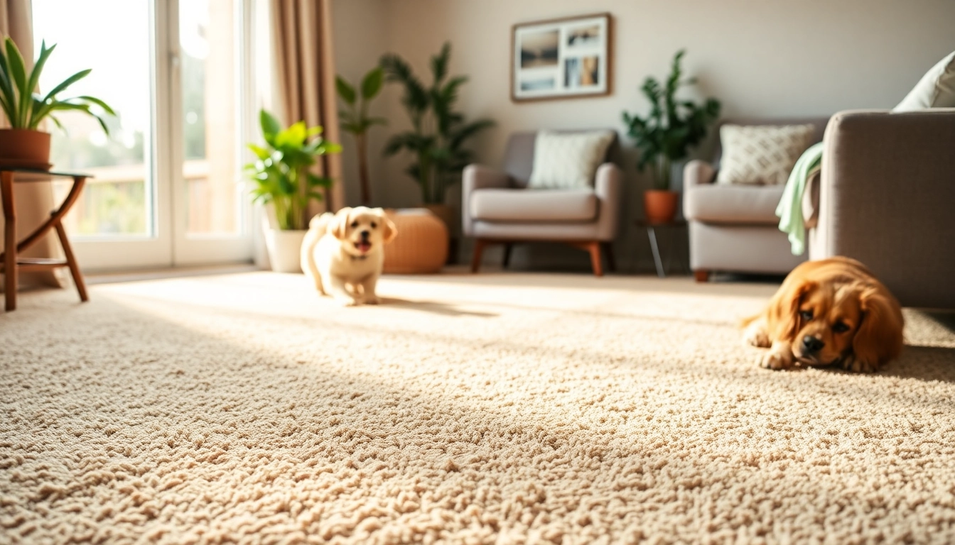 Engaging visual of pet odor carpet cleaning with a vibrant dog and fresh living room.