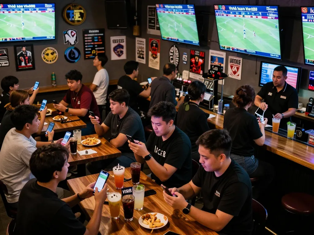 Engaged sports fans placing bets while enjoying the atmosphere of Nhà cái Vin88.