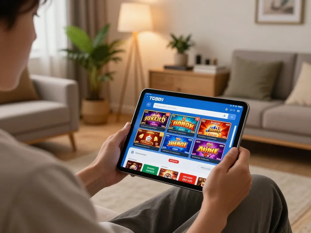 Player engaging with the TG88 MBA application for online gaming on a tablet in a cozy home environment.