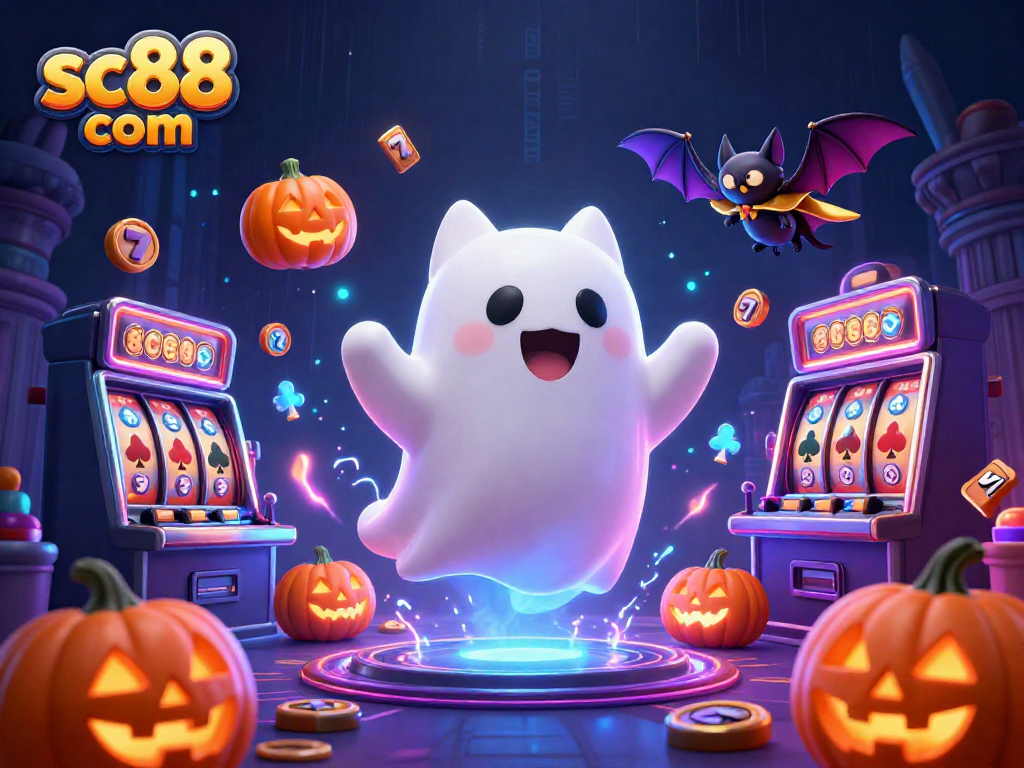 Experience thrilling games at sc88 com with a playful ghost cat, vibrant elements, and rich casino themes.