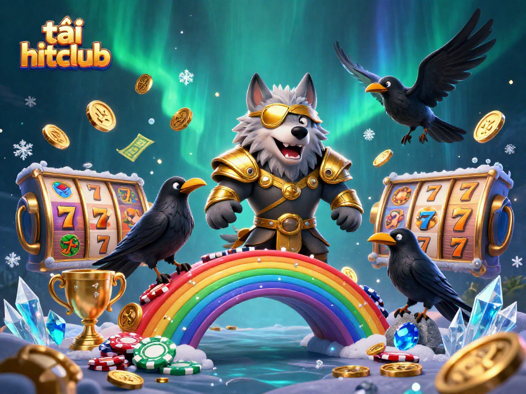 Play and win with tải hitclub at this colorful slot-themed casino illustration.
