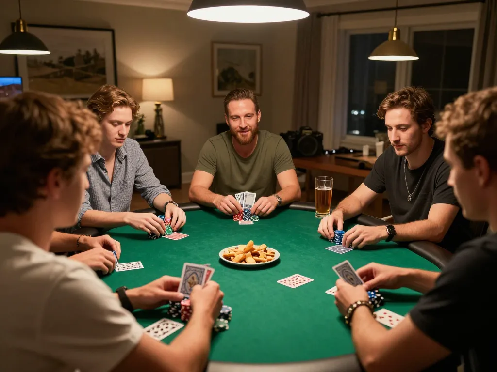 Engaging scene of friends playing poker at home with Nhà cái Xo88 as their gaming inspiration.