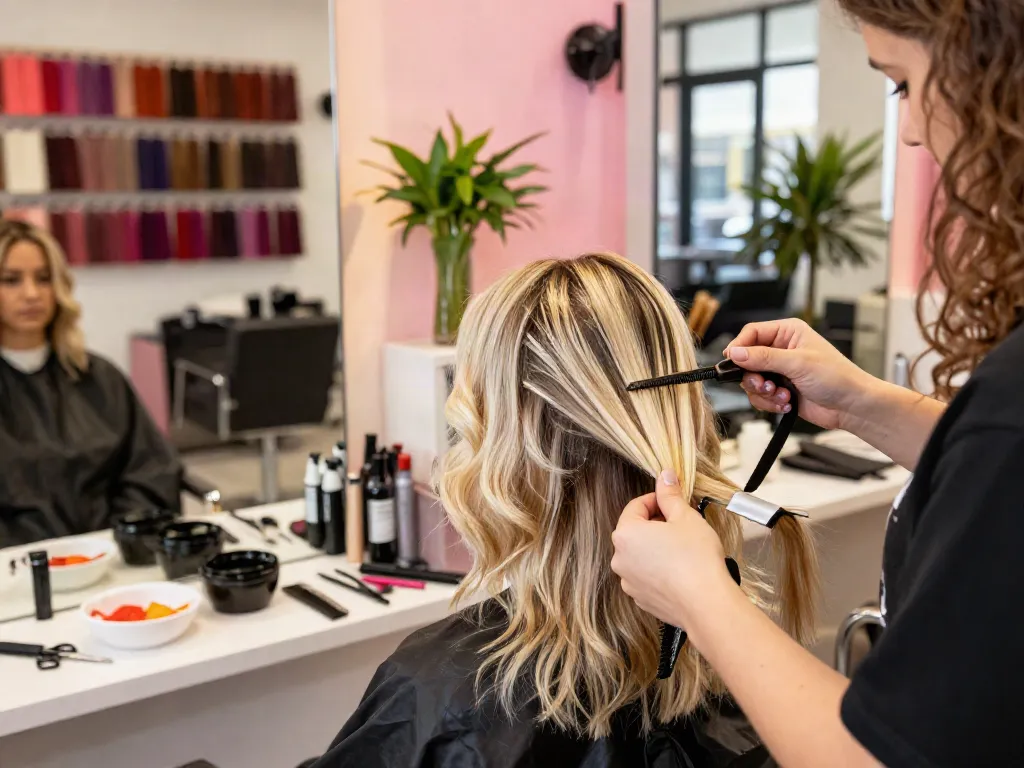Transforming hair with professional hair extensions in a modern salon setting.