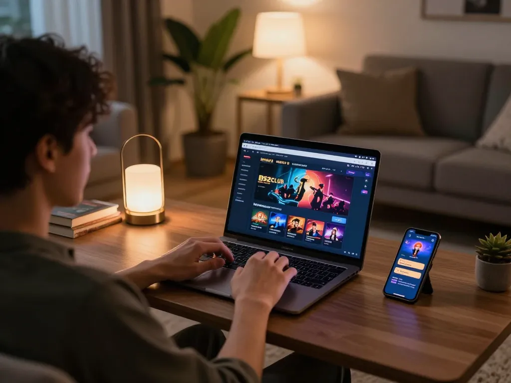 B52CLUB user fully engaged in online gaming on a laptop in a cozy living room setup