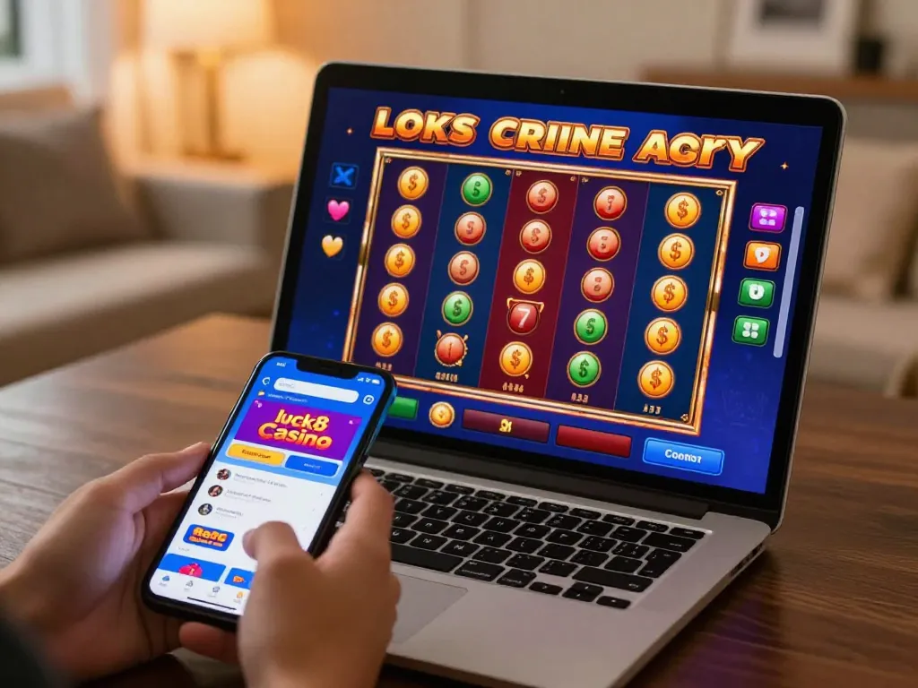 Playing slot games on luck8 online casino app during cozy home gaming session.
