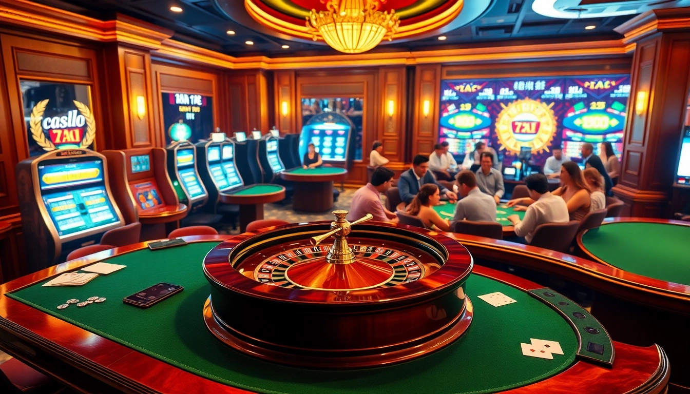 Exciting casino interior showcasing 7m cn-themed roulette wheel, poker chips, and slot machines in action.