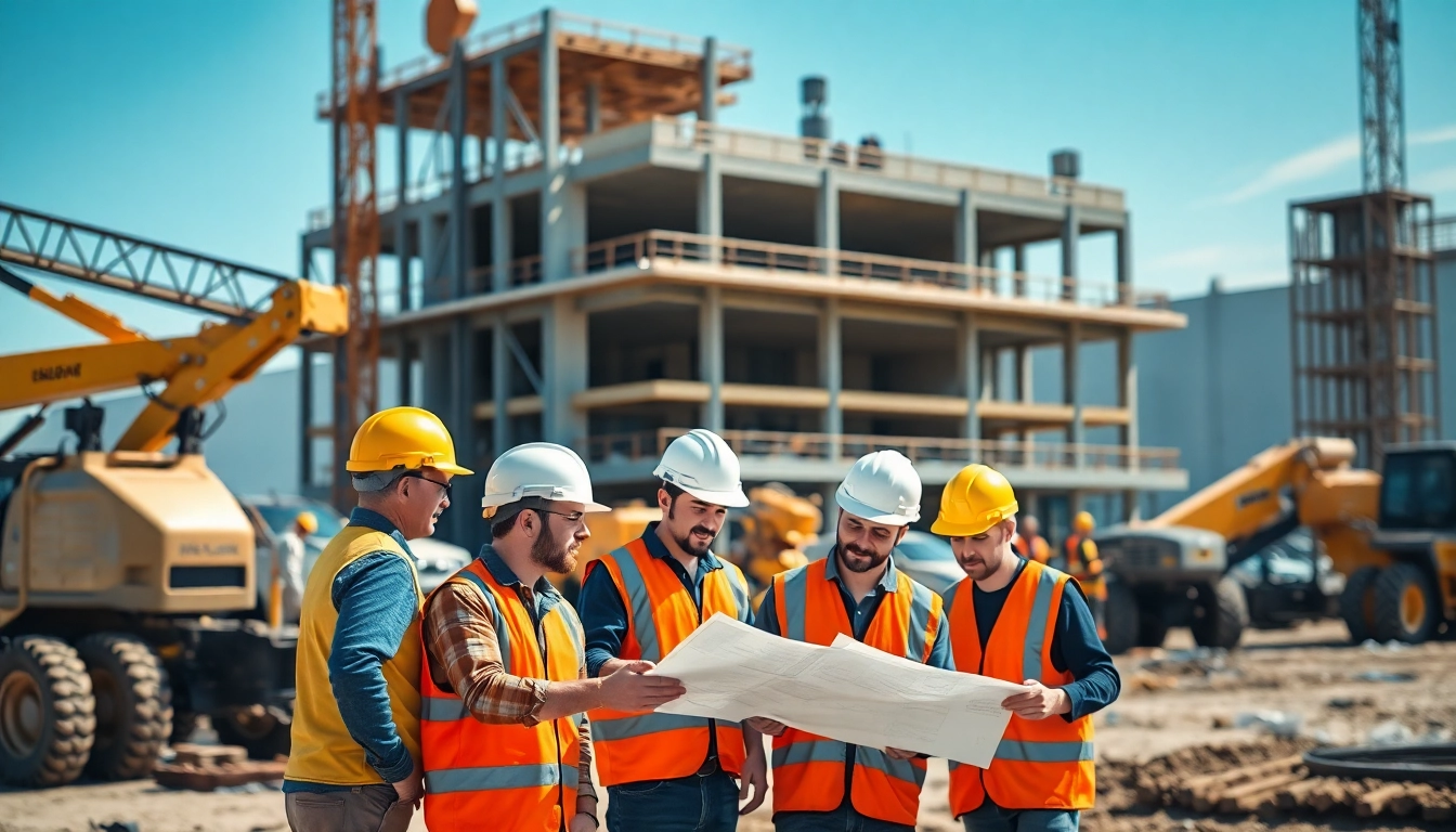 New Jersey Commercial General Contractor team collaborating on construction plans at a site.