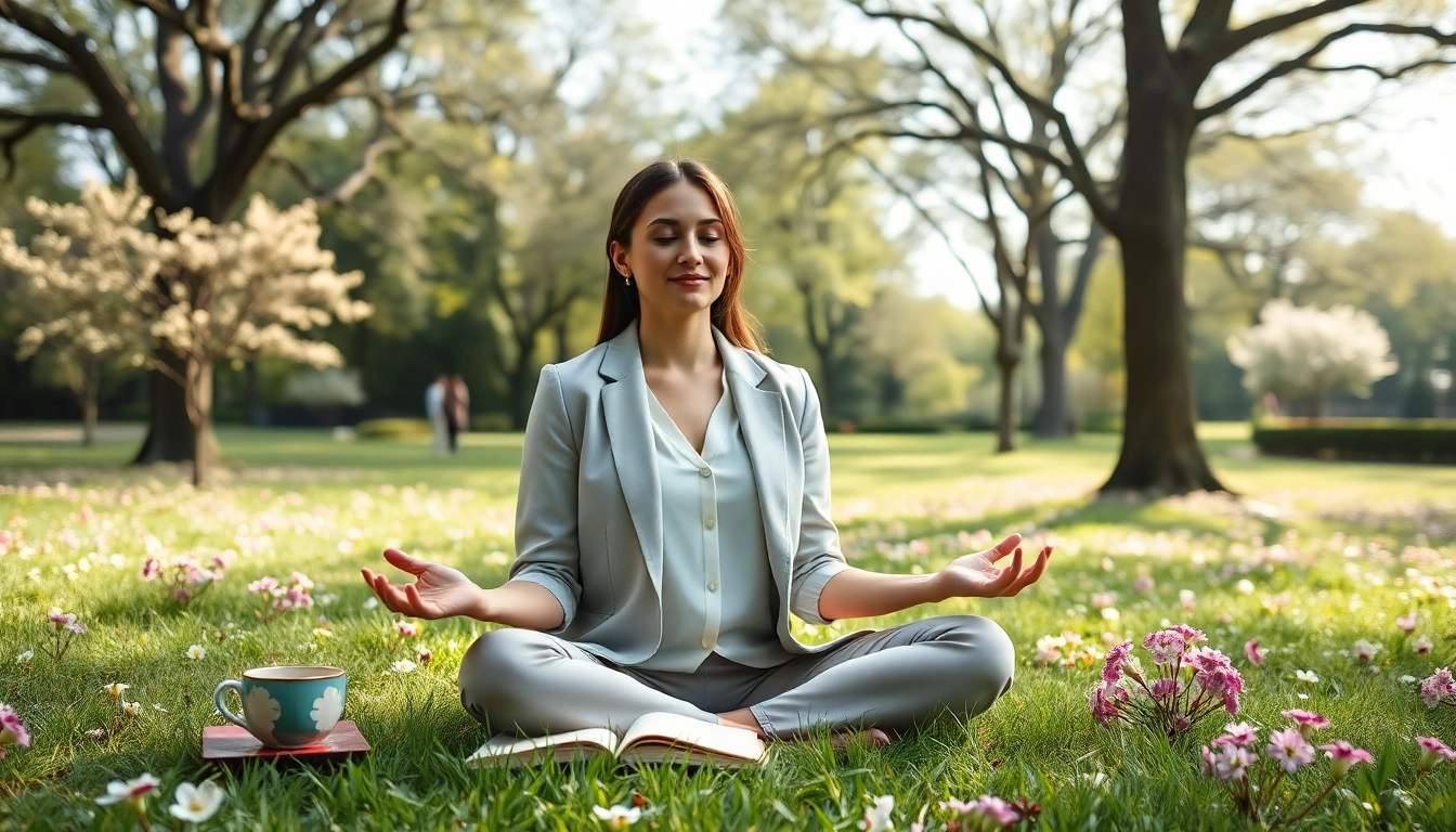 Implement mental health tips with a relaxed woman practicing mindfulness in a tranquil park.