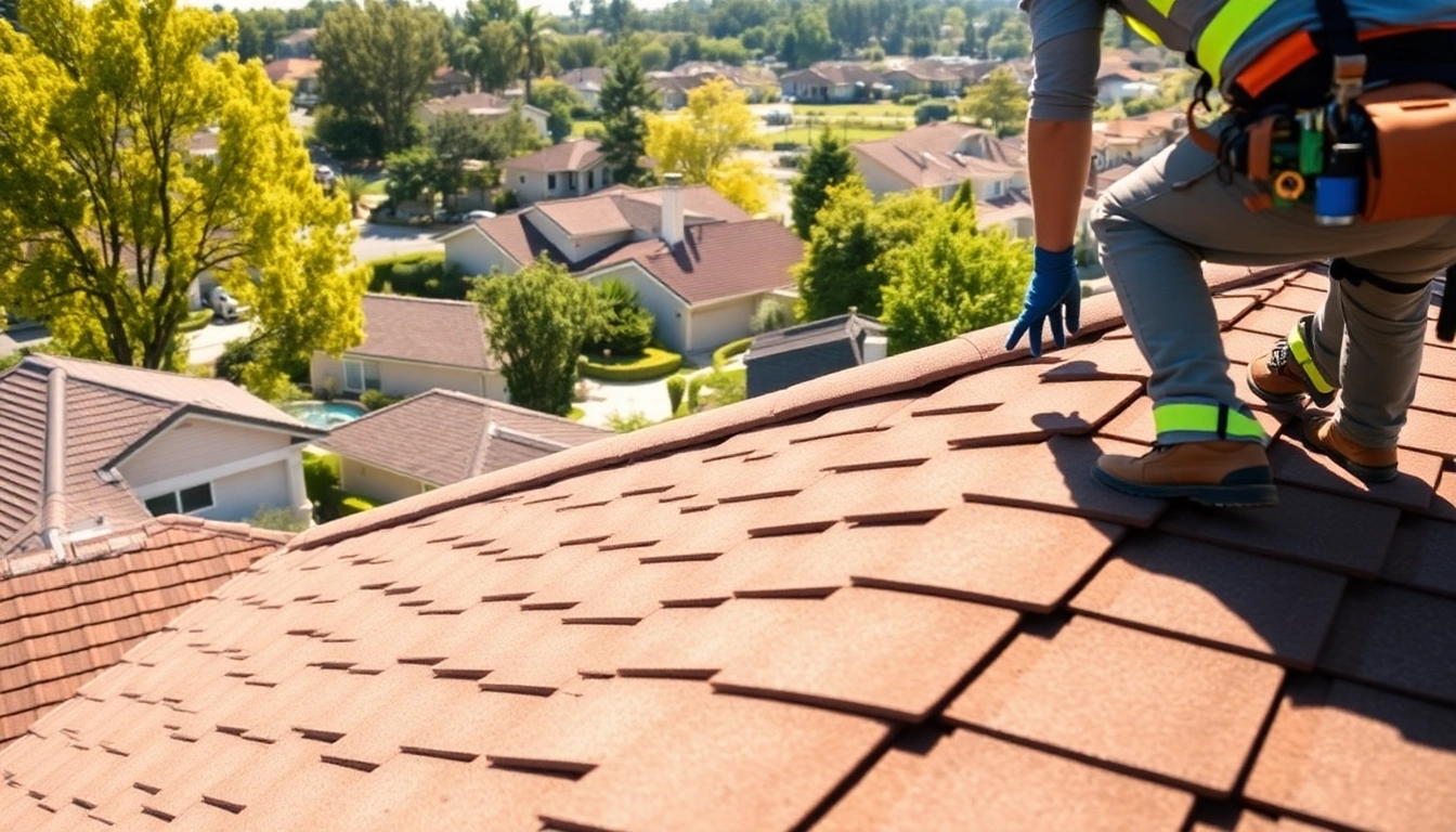 Roofing contractor San Ramon installing shingles on a residential roof, emphasizing expertise and safety.