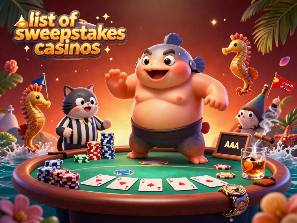 Engage with the dynamic world of list of sweepstakes casinos in this vibrant illustration featuring a fugu in a casino underwater.
