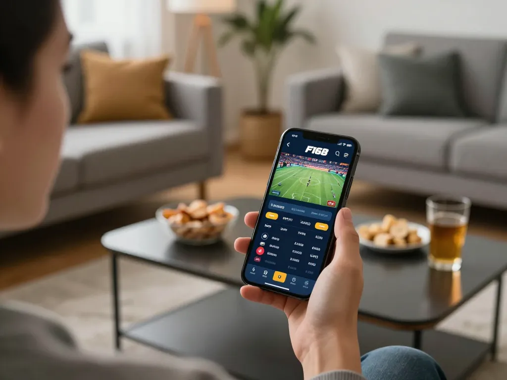 Engaging with the F168 sports betting app on a smartphone in a cozy home setting.
