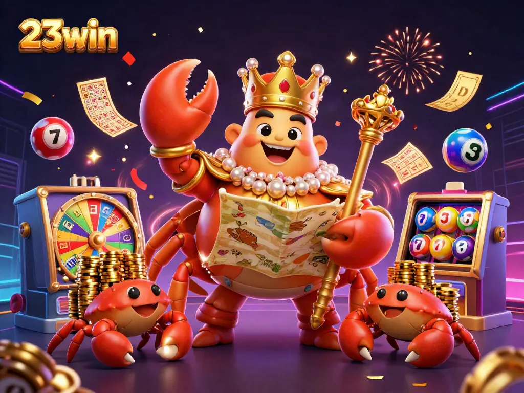 Engage with the vibrant gaming experience at 23win featuring a golden crab emperor and dynamic lottery games.