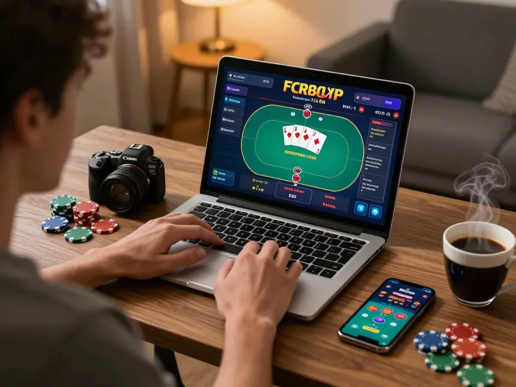 Engaging in online poker gameplay on FC88, highlighting strategy and comfort in a home setting.