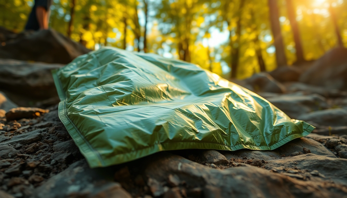 Emergency blanket laid out prominently in a natural setting, showcasing its reflective quality.