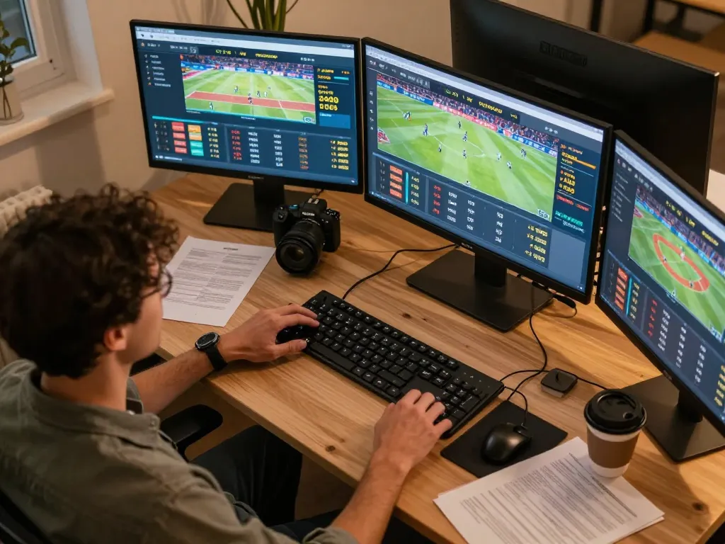 f168 sports betting setup with multiple screens displaying live games and odds for strategic wagering