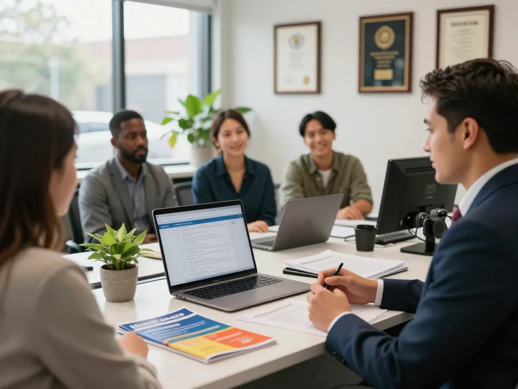 Affordable Bail bonds services in a friendly urban office setting with professional agents assisting clients.