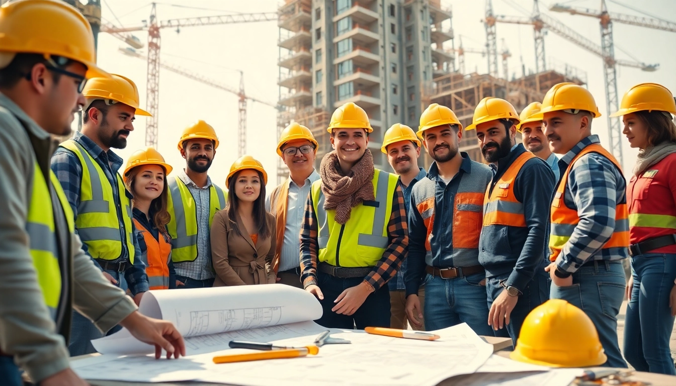 Dynamic construction member organization team collaborating at a building site with blueprints and tools.