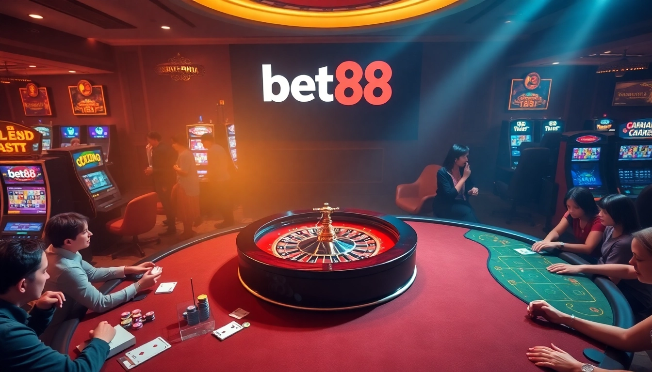 Bet88 players enjoy high-stakes gaming at a luxurious casino with roulette and slot machines.