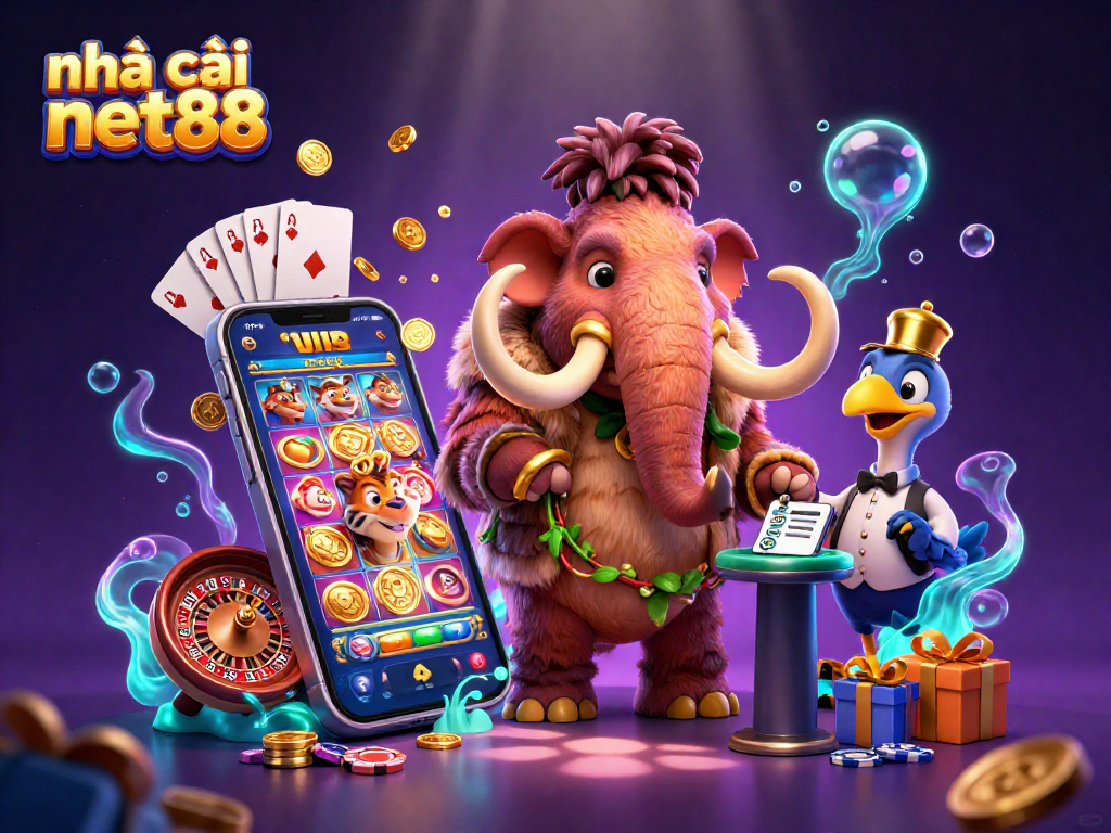 Engage with nhà cái net88 at a lively casino entrance featuring a woolly mammoth bouncer.