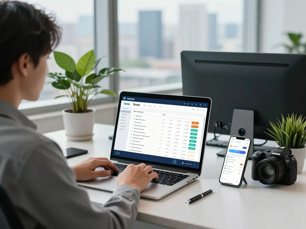Individual managing a Global Bank Account on a laptop in a modern office setting.