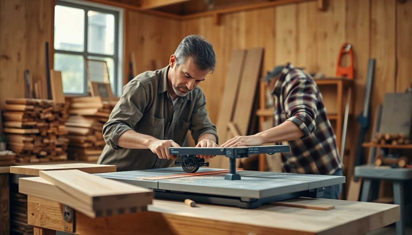 Craftsman using a table saw and miter saw combo for precise woodcuts.