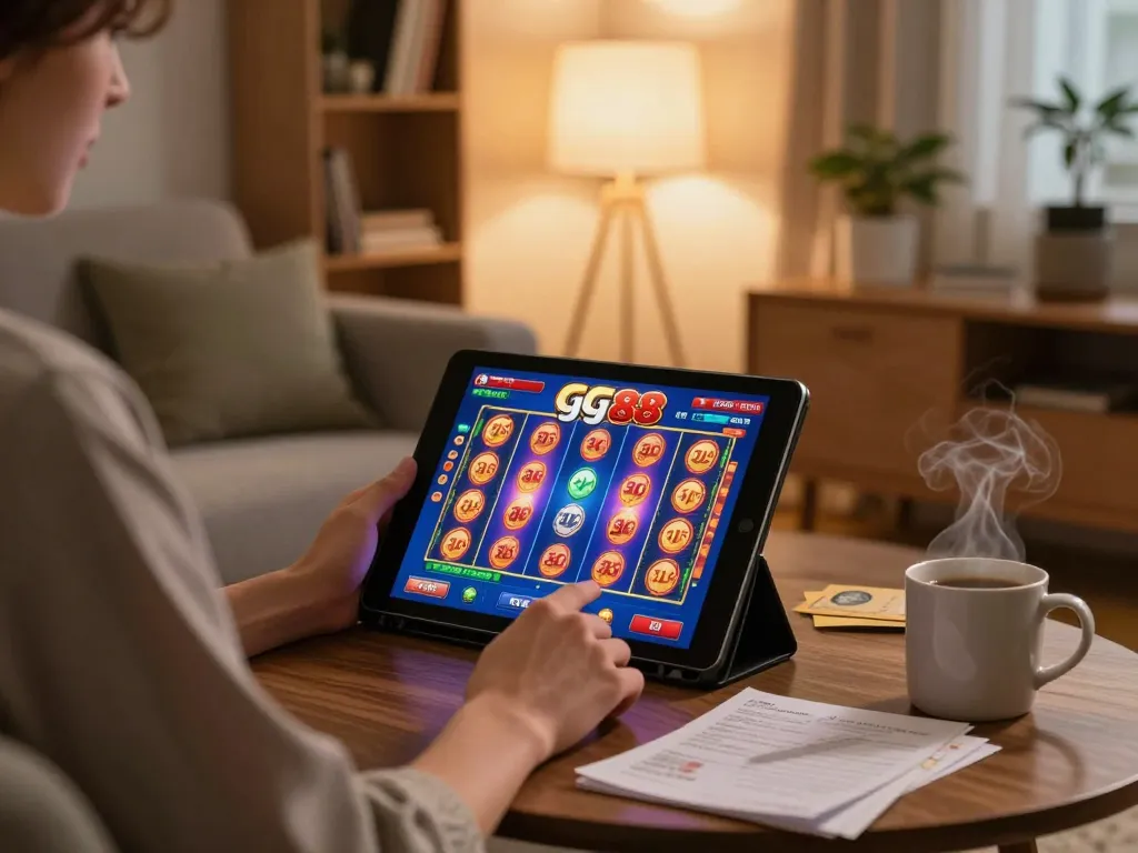 Engaging gameplay on gg88 slot game displayed on tablet, set in a cozy home environment