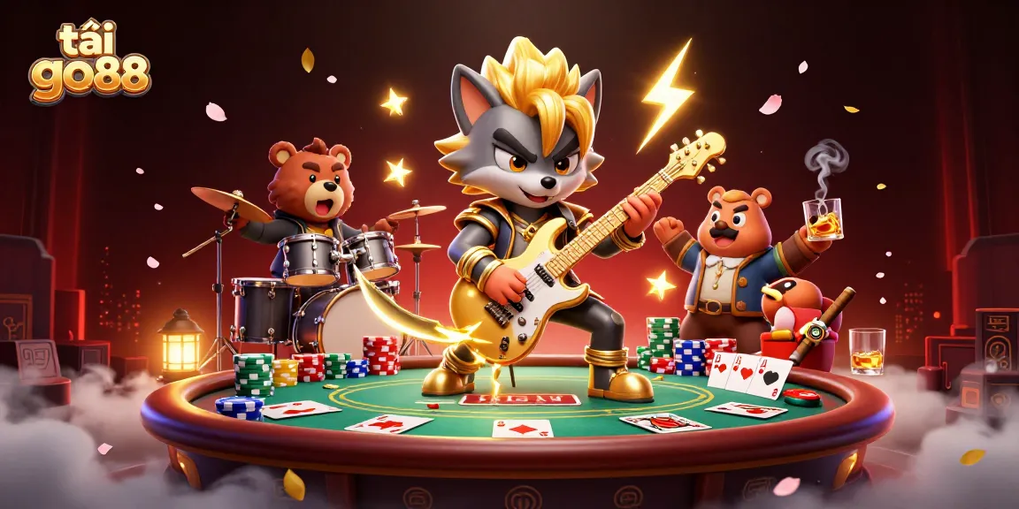 Immerse in the excitement of tải go88 gaming with this vibrant 3D casino illustration featuring a rock star wolf and poker elements.